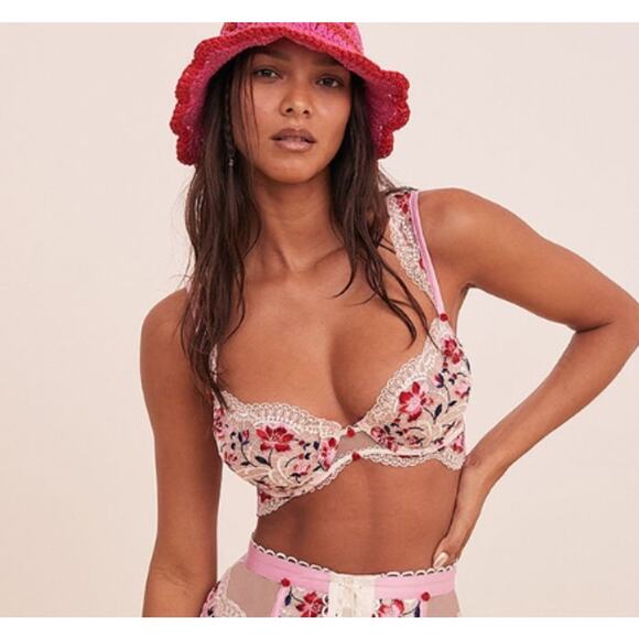 For Love & Lemons Festival Rose Bra Pink White XL - Picture 1 of 6